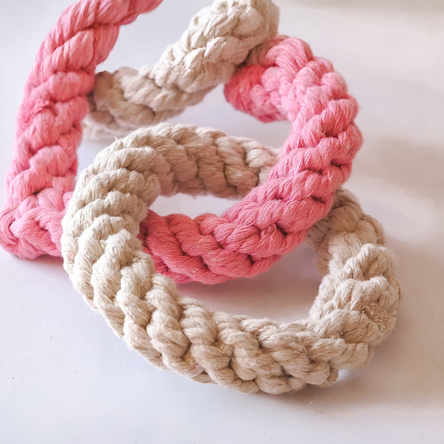 Tri Heart Pink and cream natural Rope Dog Toy