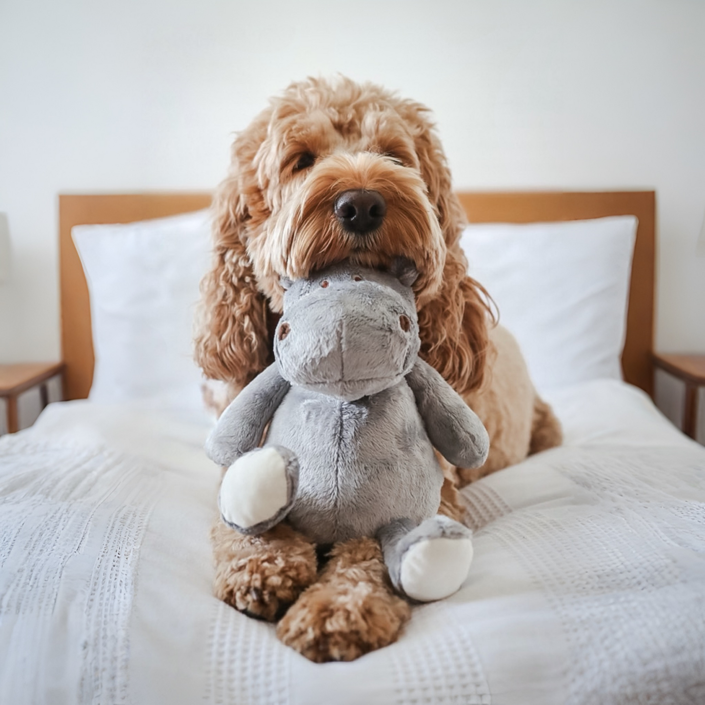Dog holding a stuffed dog toy hippo on a bed