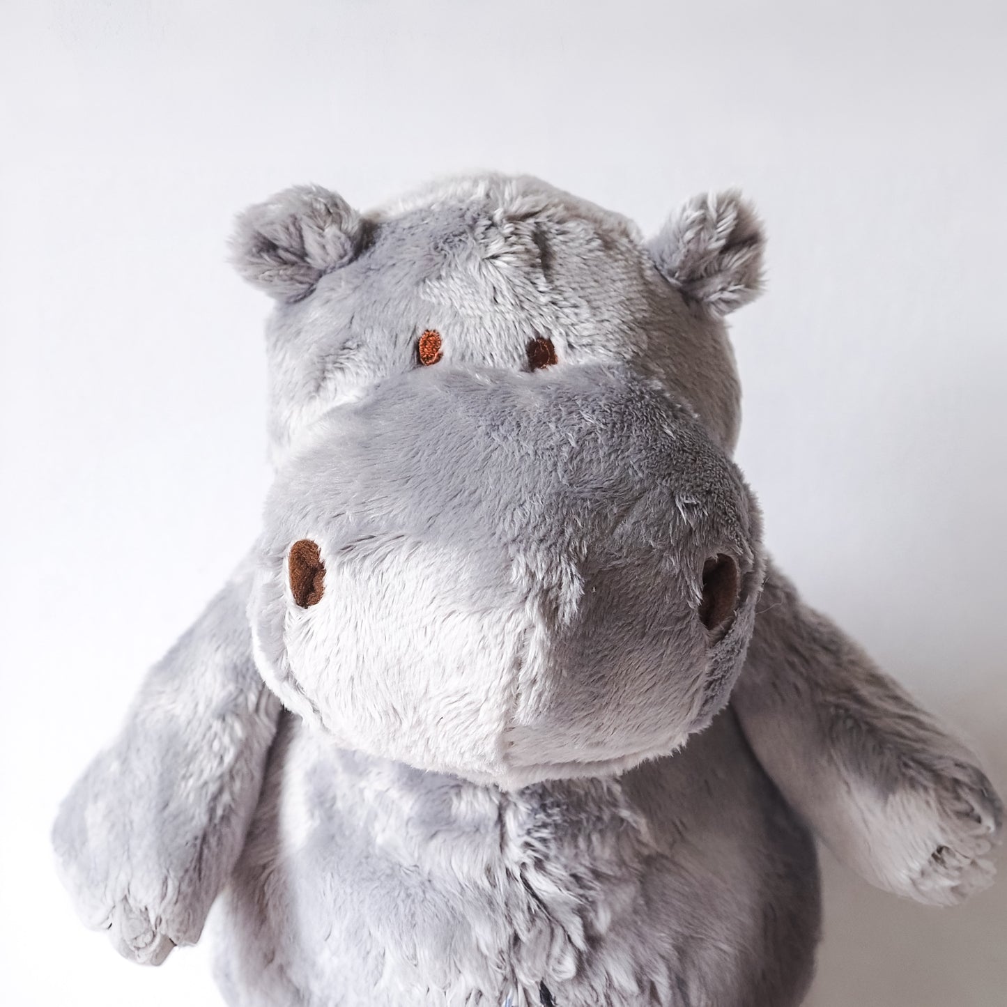 Gray plush hippo dog toy on a white background