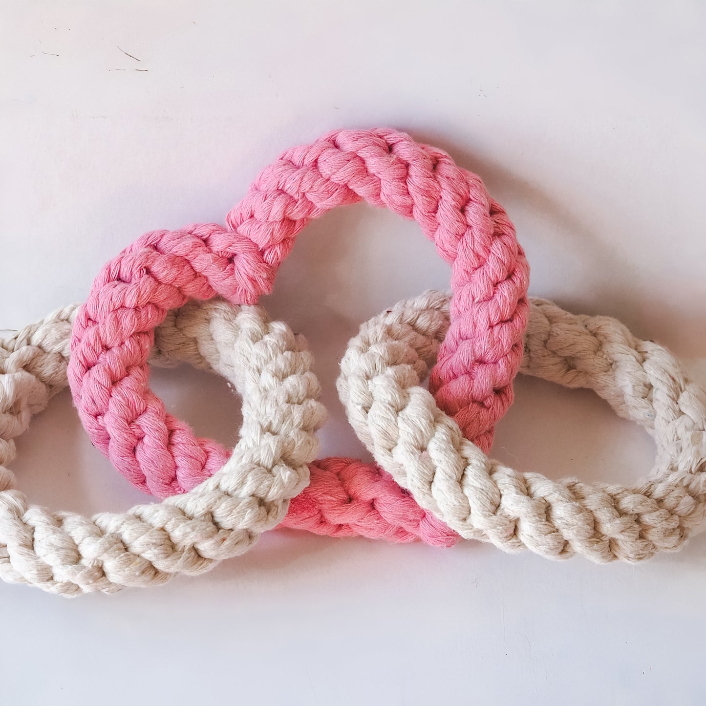 Tri Heart Pink and cream natural Rope Dog Toy