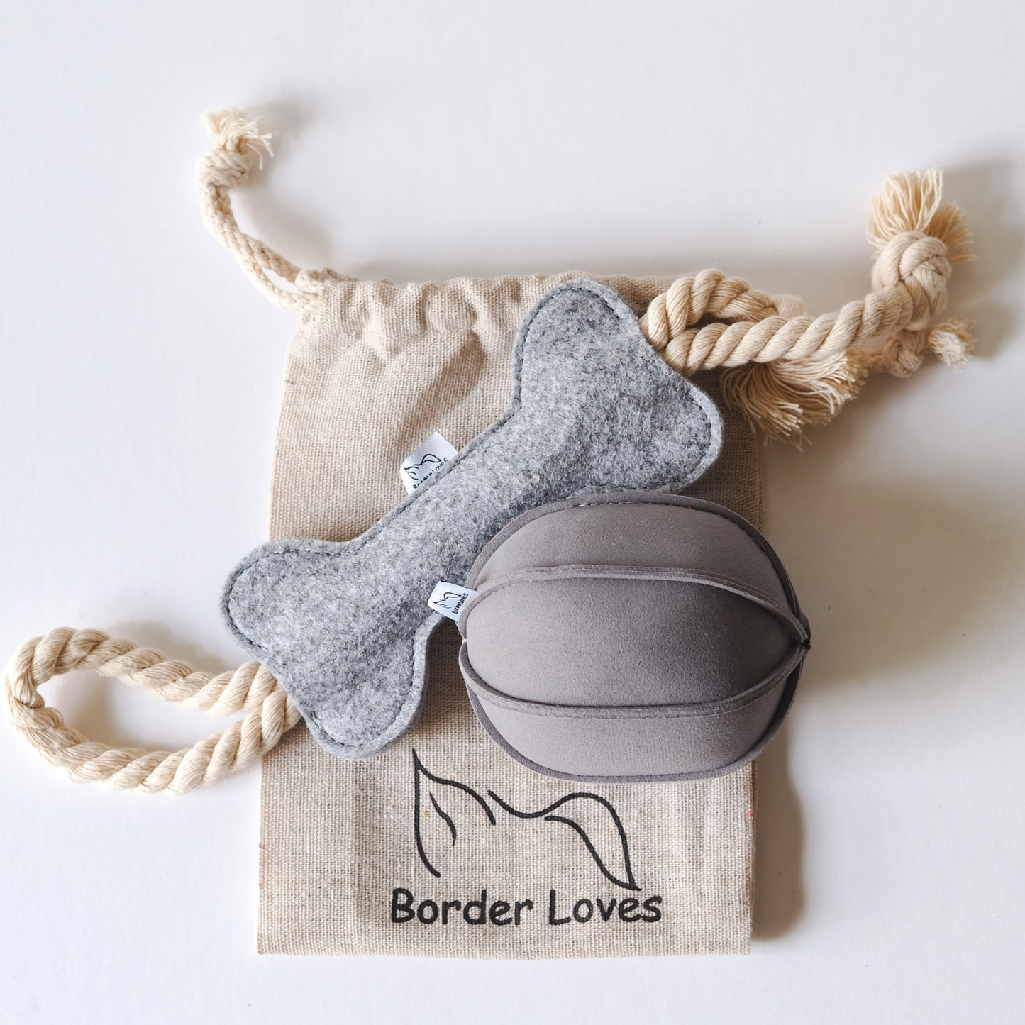 Suede Indoor Play Ball and Felt Rope Dog Toys with Cotton Gift Bag
