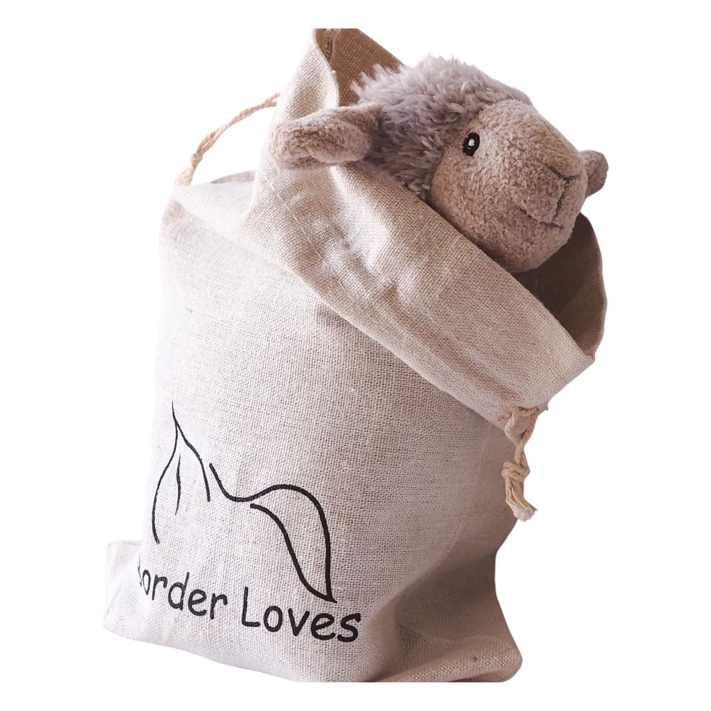 Luxury Plush lamb Dog Toy inside the cotton reusable Border Loves Branded gift bag
