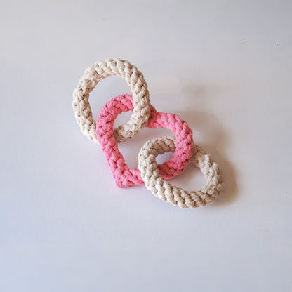 Tri Heart Pink and cream natural Rope Dog Toy