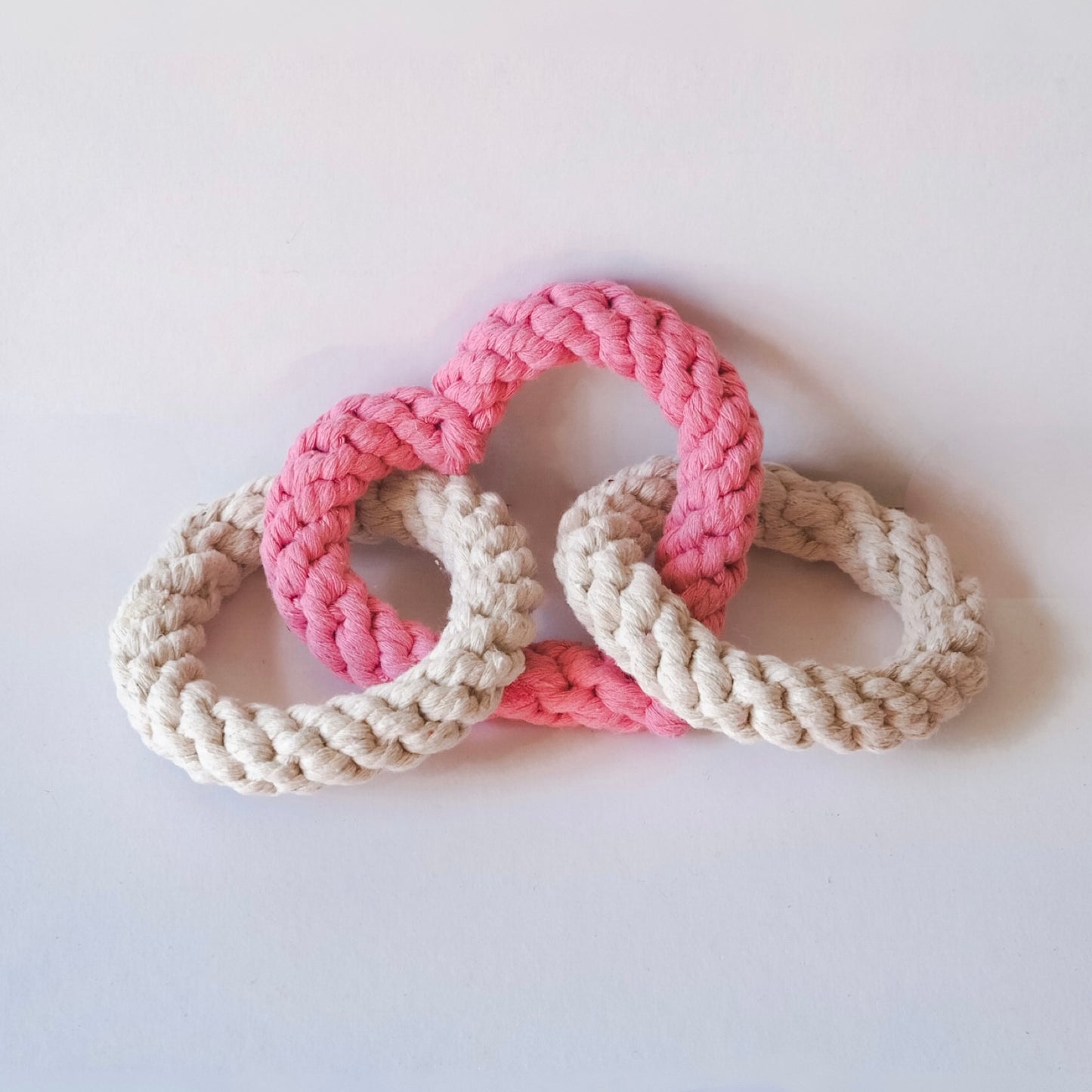 Tri Heart Pink and cream natural Rope Dog Toy