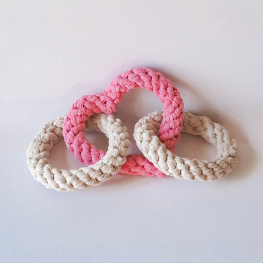 Tri Heart Pink and cream natural Rope Dog Toy