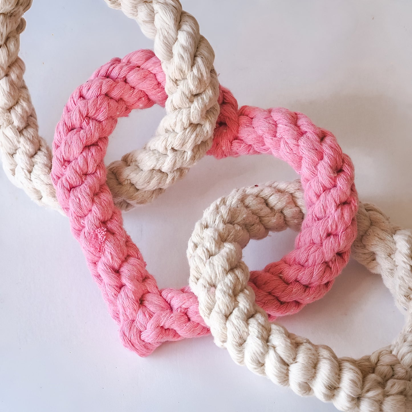 Tri Heart Pink and cream natural Rope Dog Toy