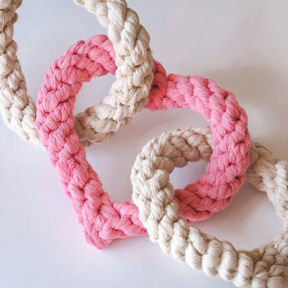 Tri Heart Pink and cream natural Rope Dog Toy