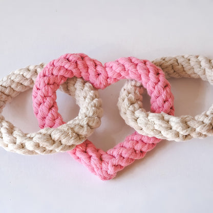 Tri Heart Pink and cream natural Rope Dog Toy
