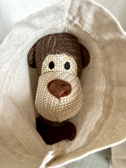 Monkey dog toy inside cotton gift bag by Border Loves