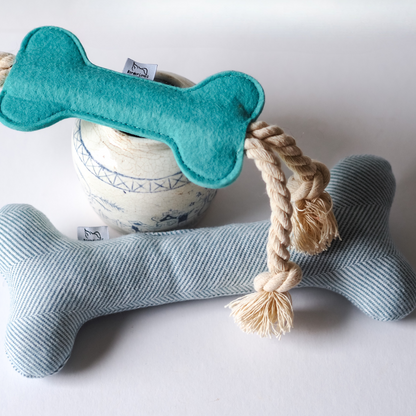 wool bone dog toy by border loves with turquoise felt rope toy