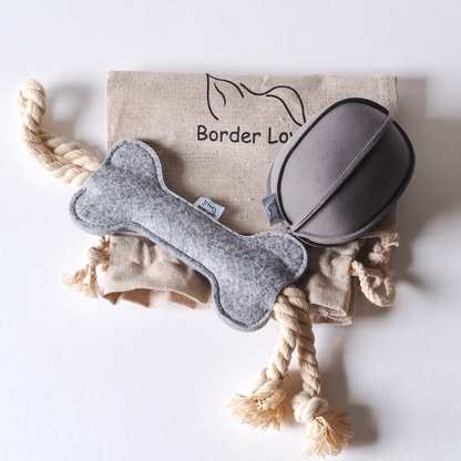 Grey Suede indoor play ball and light grey felt rope toy dog gifts with cotton branded bag