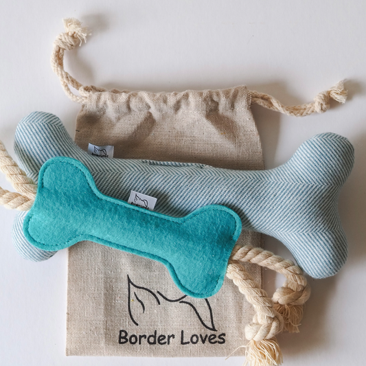 baby blue wool bone dog toy and turquoise felt rope toy by Border Loves and cotton gift bag