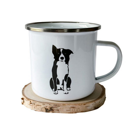 A close up of the Black and White Border Collie Design on the Practical Outdoor  mug showing one ear up and one down by Border Loves