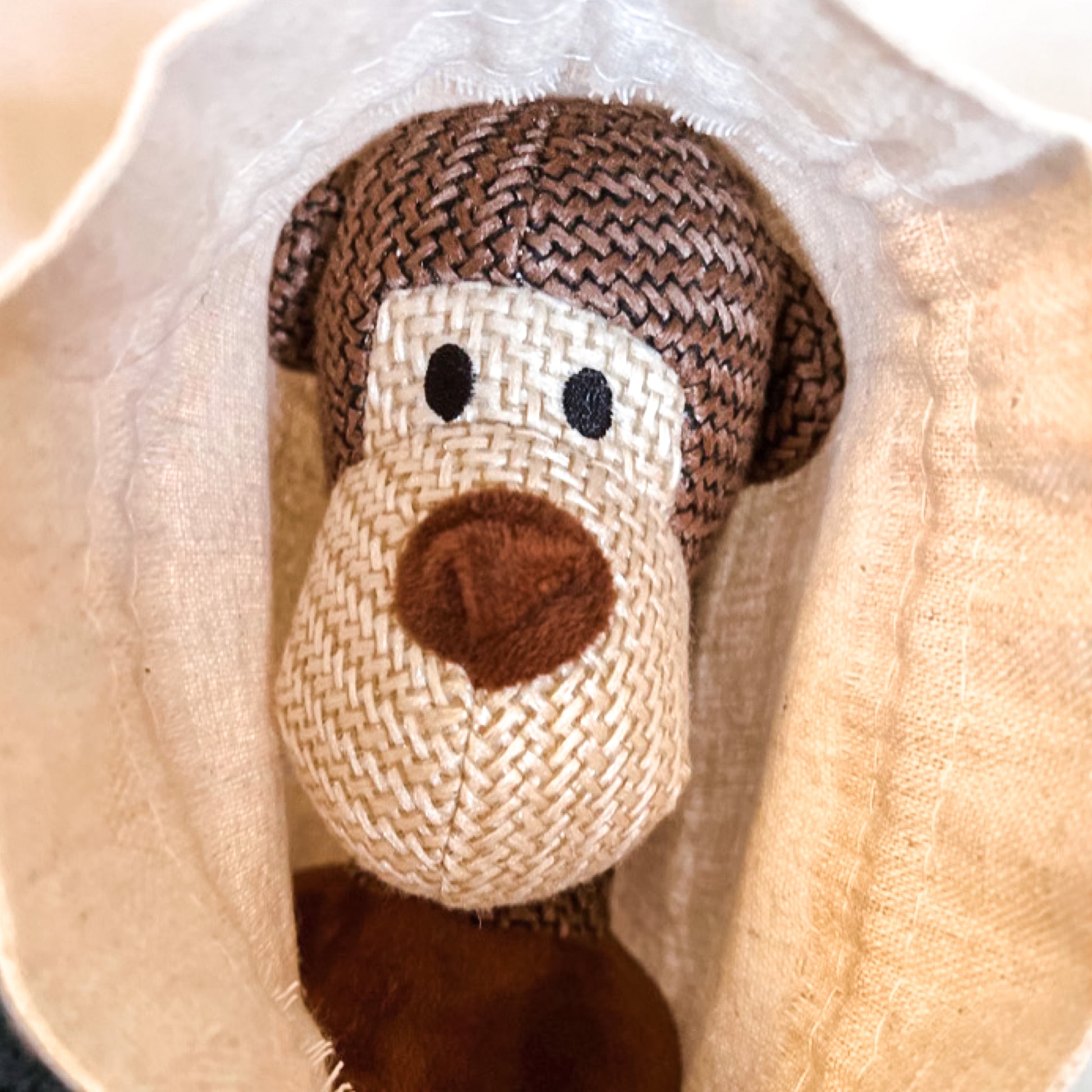 monkey dog toy from Border Loves in sustainable cotton gift bag