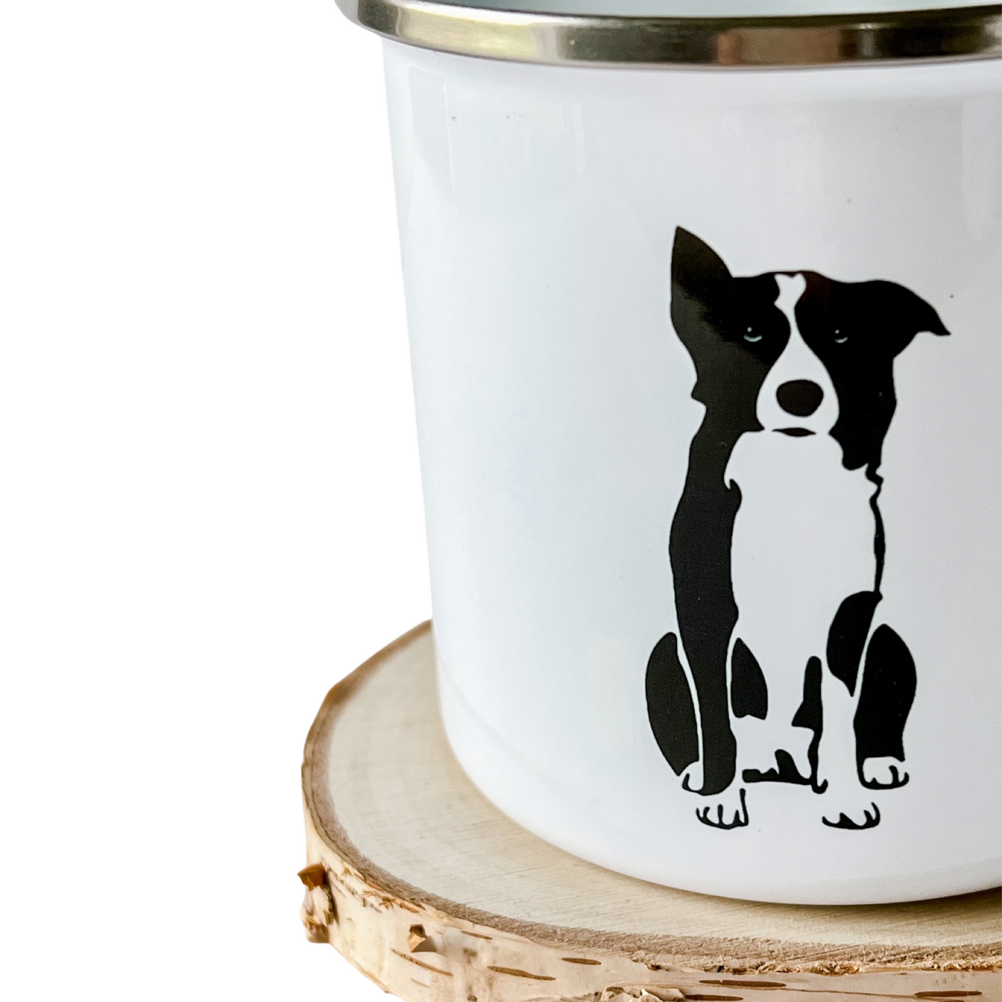 Black and White border collie enamel camper mug by Border Loves