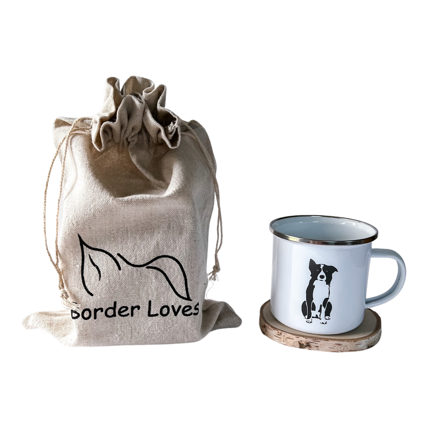 A Border Collie Enamel Camper Mug and its own Cotton Branded Drawstring Gift Bag - Border Collie is Black and White - by Border Loves