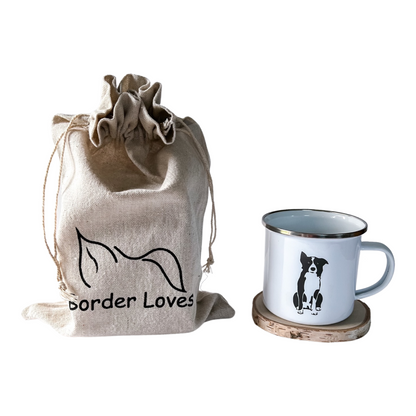 A Border Collie Enamel Camper Mug and its own Cotton Branded Drawstring Gift Bag - Border Collie is Black and White - by Border Loves