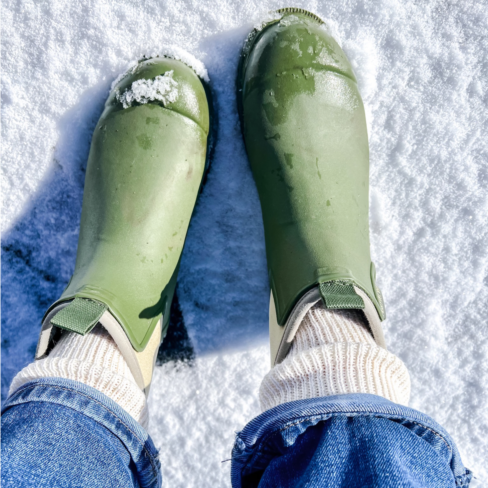 Luxury Socks worn in green ankle Wellies in the snow by Border Loves