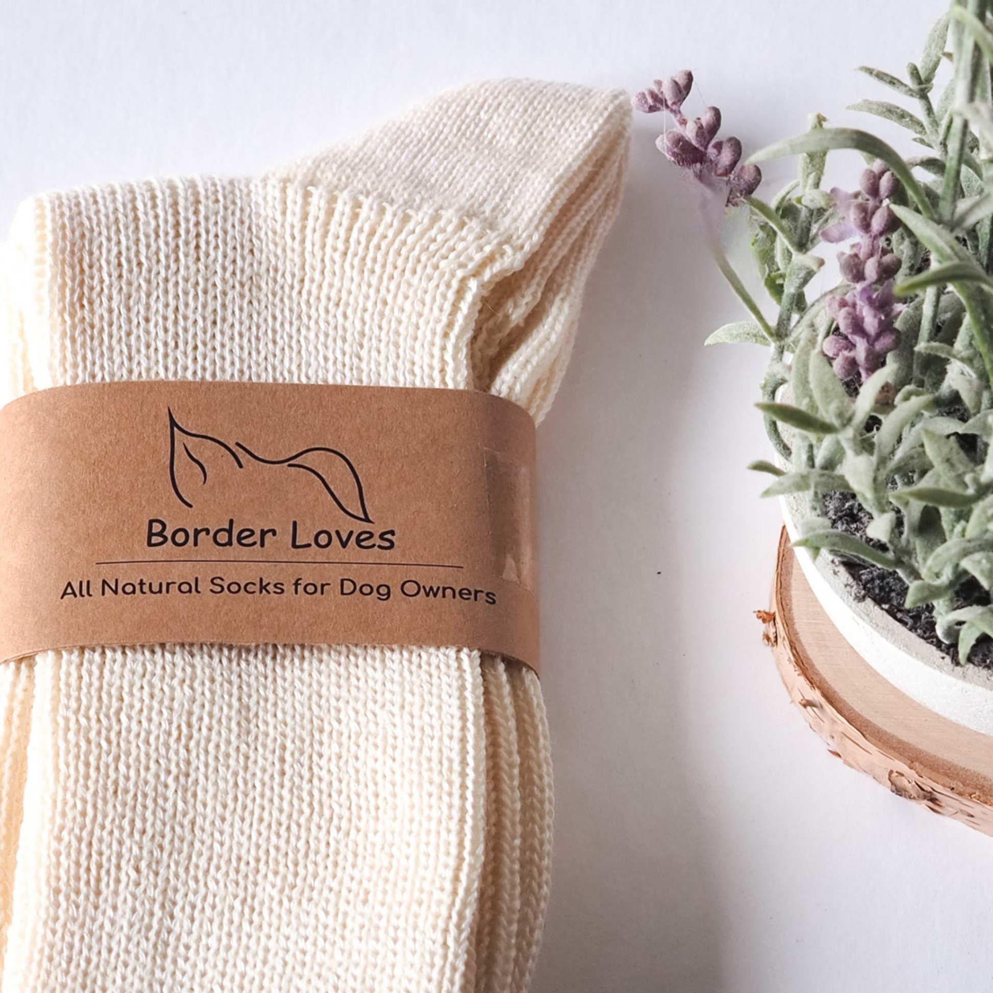 Luxury all natural ivory/cream socks from Border Loves with Kraft Label